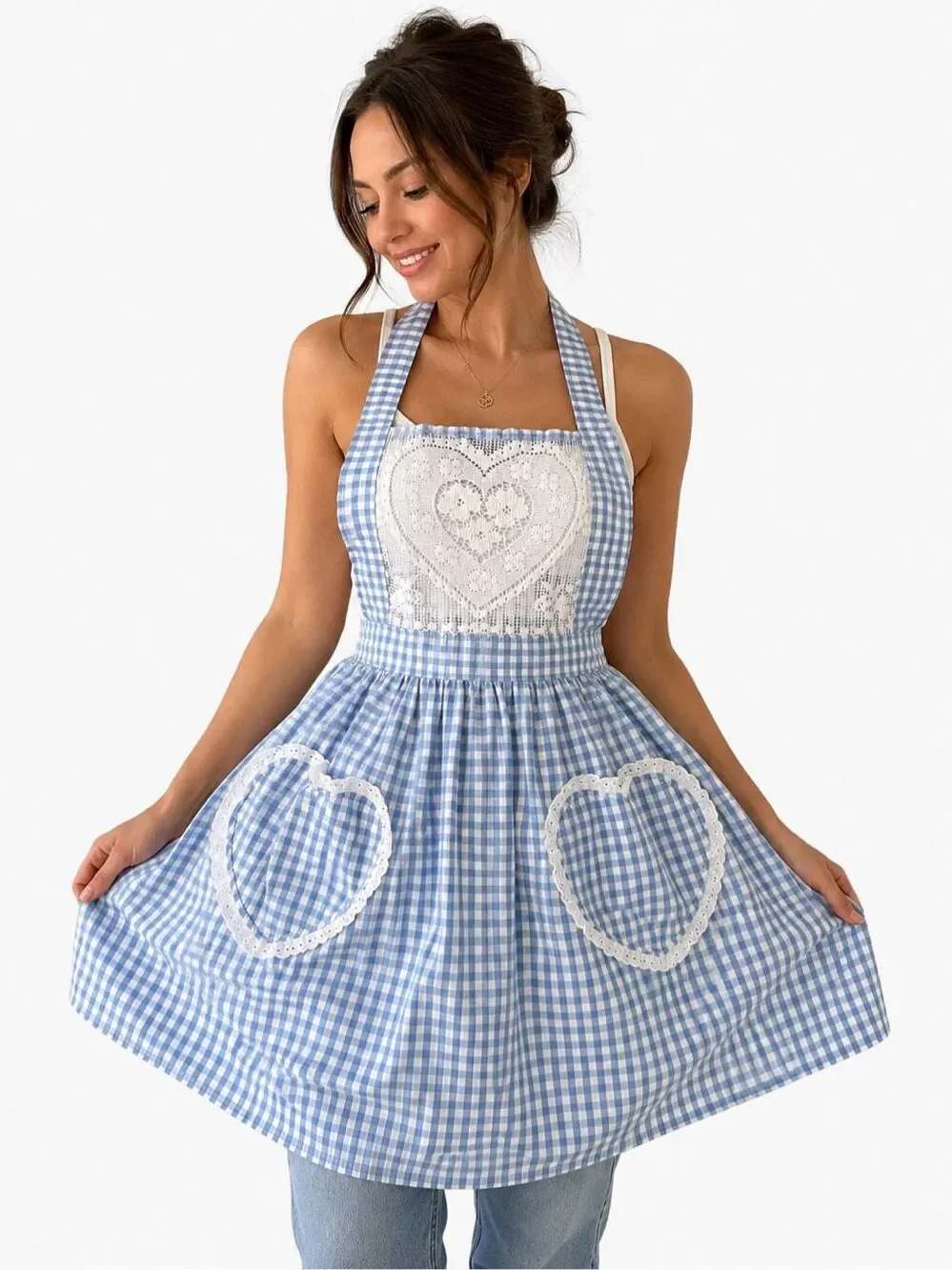 Vintage Blue Gingham Heart Pocket Lace Handmade Cottagecore Apron One Size